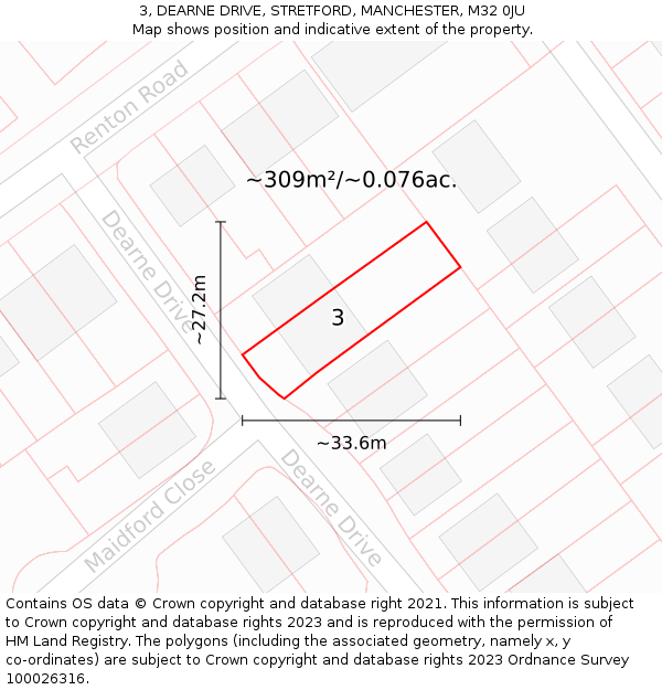 3, DEARNE DRIVE, STRETFORD, MANCHESTER, M32 0JU: Plot and title map