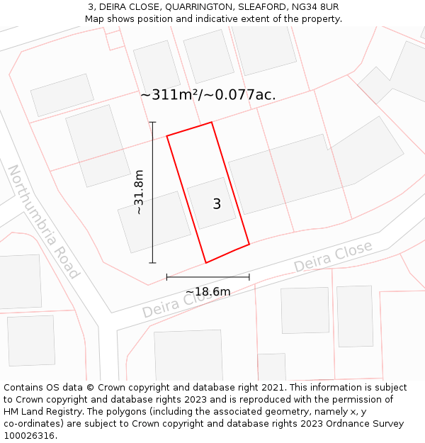 3, DEIRA CLOSE, QUARRINGTON, SLEAFORD, NG34 8UR: Plot and title map