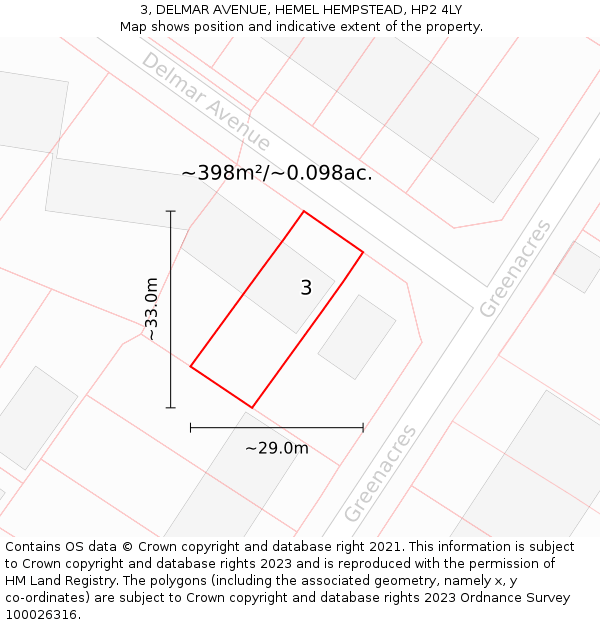 3, DELMAR AVENUE, HEMEL HEMPSTEAD, HP2 4LY: Plot and title map