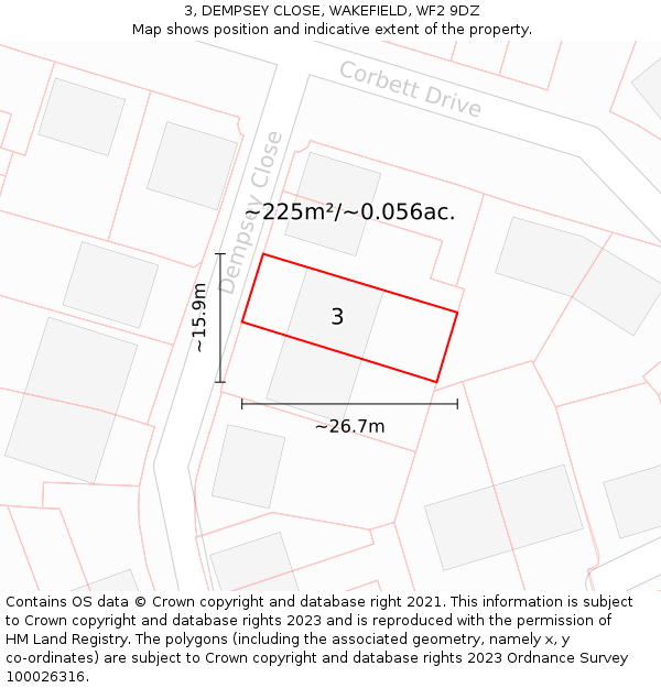 3, DEMPSEY CLOSE, WAKEFIELD, WF2 9DZ: Plot and title map