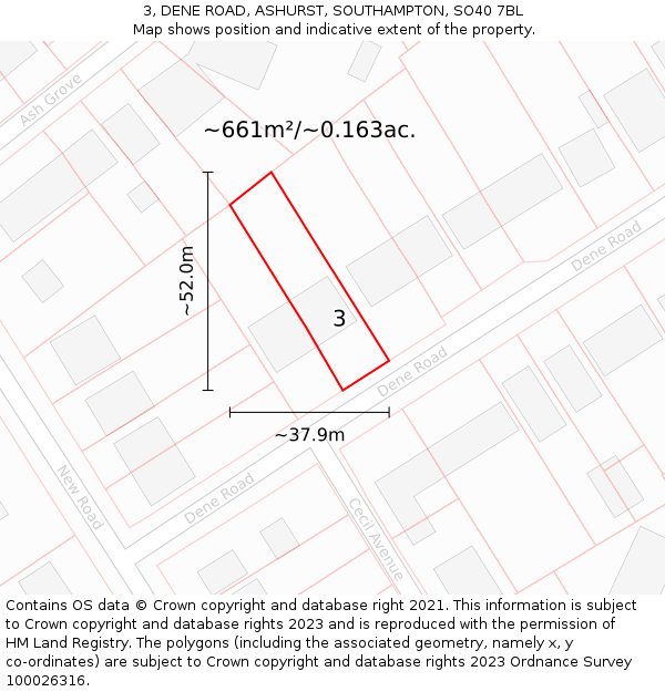 3, DENE ROAD, ASHURST, SOUTHAMPTON, SO40 7BL: Plot and title map