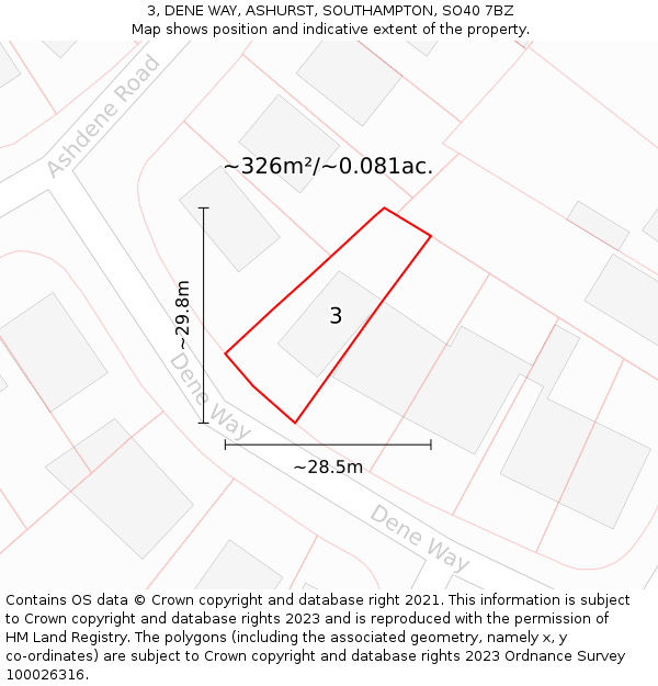 3, DENE WAY, ASHURST, SOUTHAMPTON, SO40 7BZ: Plot and title map