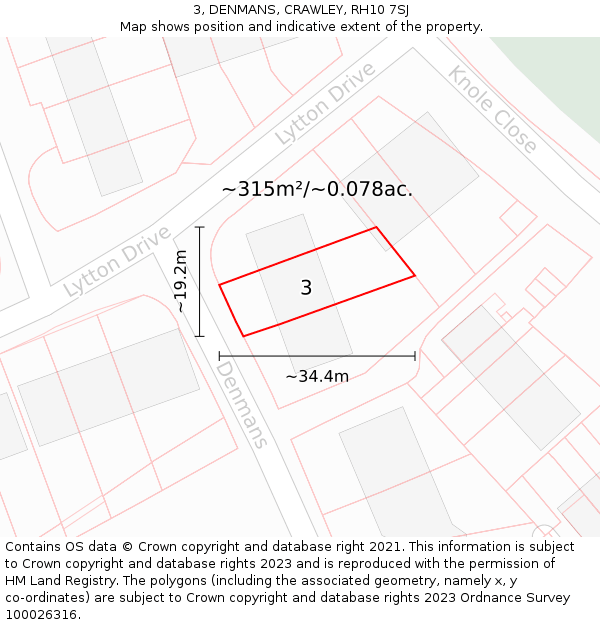 3, DENMANS, CRAWLEY, RH10 7SJ: Plot and title map