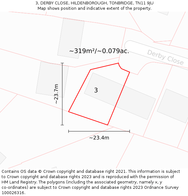 3, DERBY CLOSE, HILDENBOROUGH, TONBRIDGE, TN11 9JU: Plot and title map