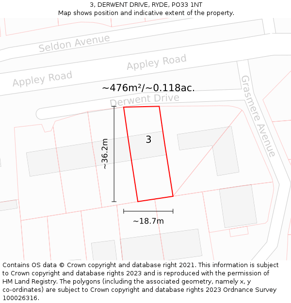 3, DERWENT DRIVE, RYDE, PO33 1NT: Plot and title map