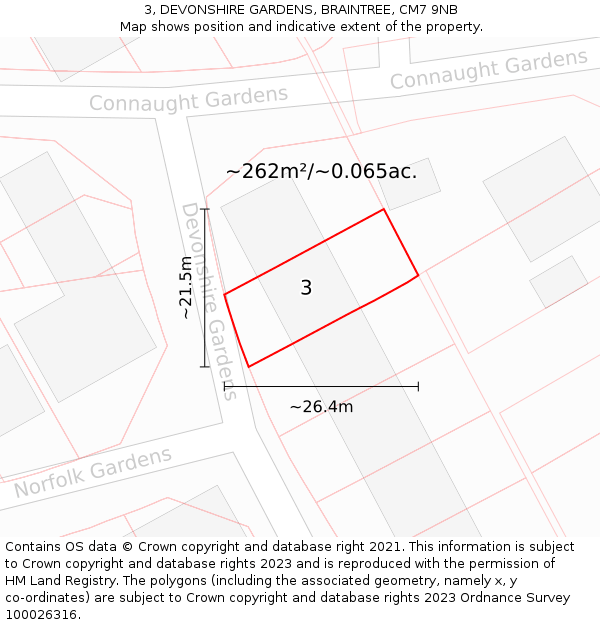 3, DEVONSHIRE GARDENS, BRAINTREE, CM7 9NB: Plot and title map