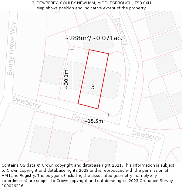 3, DEWBERRY, COULBY NEWHAM, MIDDLESBROUGH, TS8 0XH: Plot and title map