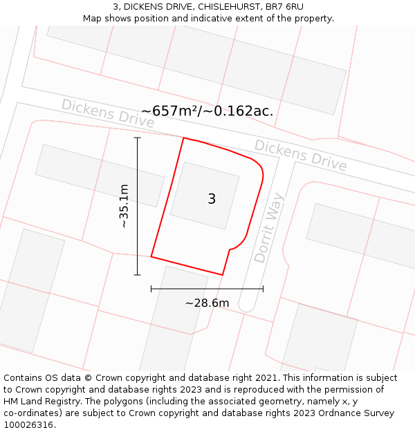 3, DICKENS DRIVE, CHISLEHURST, BR7 6RU: Plot and title map