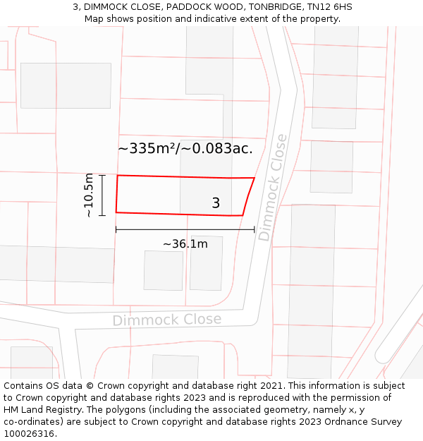 3, DIMMOCK CLOSE, PADDOCK WOOD, TONBRIDGE, TN12 6HS: Plot and title map