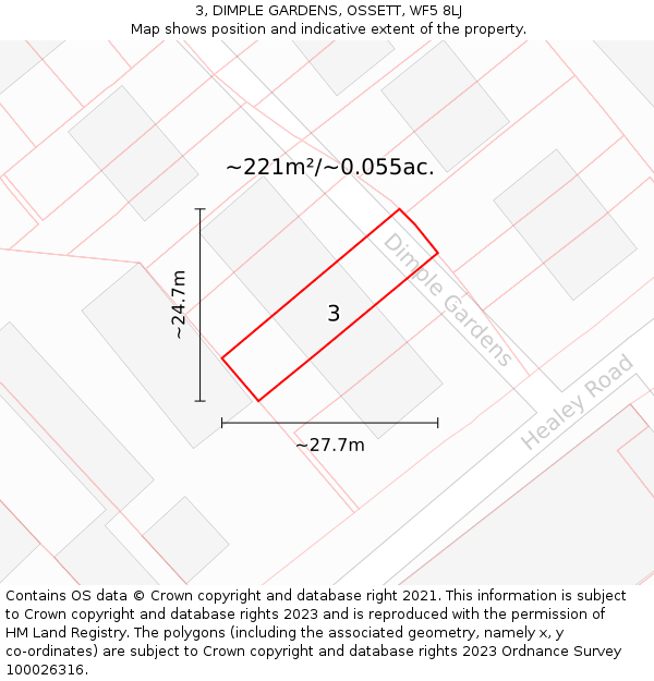 3, DIMPLE GARDENS, OSSETT, WF5 8LJ: Plot and title map