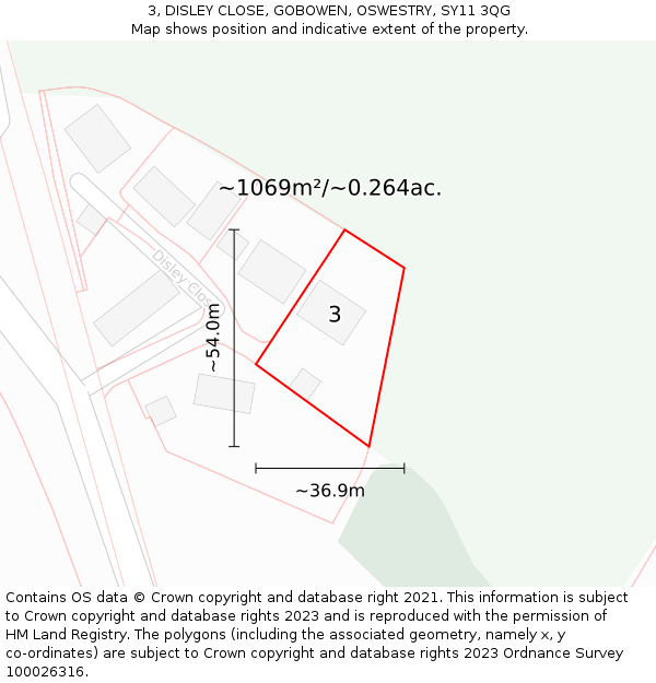 3, DISLEY CLOSE, GOBOWEN, OSWESTRY, SY11 3QG: Plot and title map