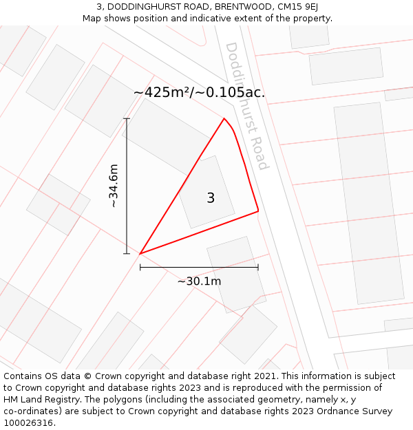 3, DODDINGHURST ROAD, BRENTWOOD, CM15 9EJ: Plot and title map