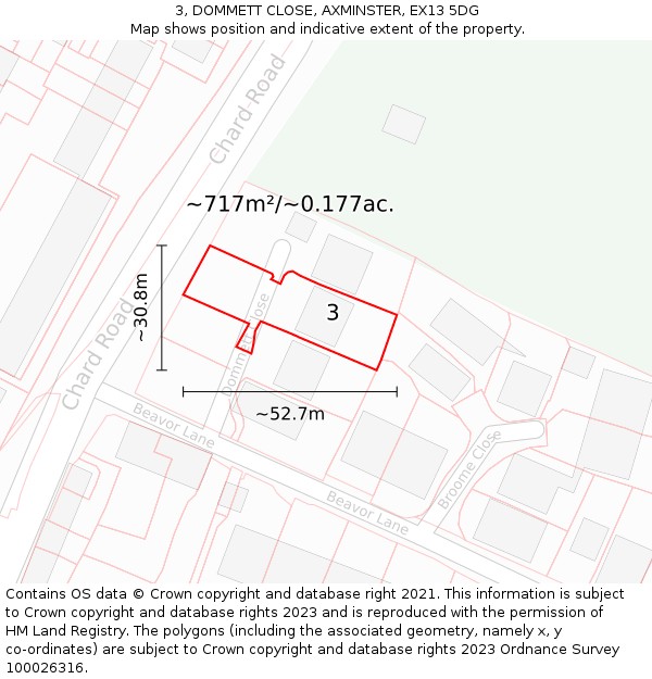 3, DOMMETT CLOSE, AXMINSTER, EX13 5DG: Plot and title map