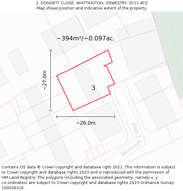 3, DONNETT CLOSE, WHITTINGTON, OSWESTRY, SY11 4PZ: Plot and title map