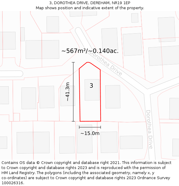 3, DOROTHEA DRIVE, DEREHAM, NR19 1EP: Plot and title map