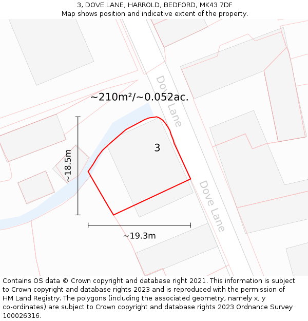 3, DOVE LANE, HARROLD, BEDFORD, MK43 7DF: Plot and title map