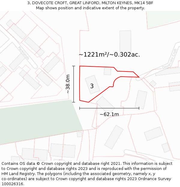 3, DOVECOTE CROFT, GREAT LINFORD, MILTON KEYNES, MK14 5BF: Plot and title map