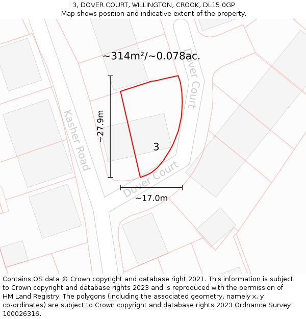 3, DOVER COURT, WILLINGTON, CROOK, DL15 0GP: Plot and title map