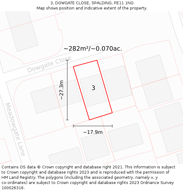 3, DOWGATE CLOSE, SPALDING, PE11 1NG: Plot and title map