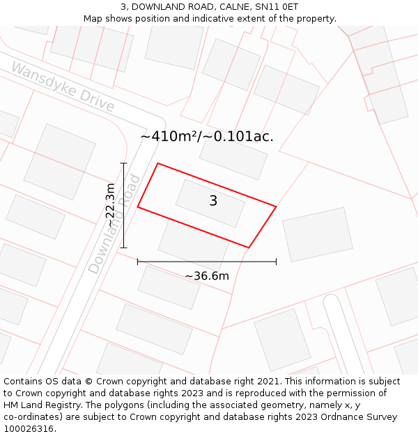 3, DOWNLAND ROAD, CALNE, SN11 0ET: Plot and title map