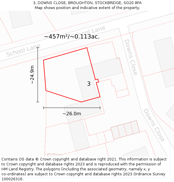 3, DOWNS CLOSE, BROUGHTON, STOCKBRIDGE, SO20 8FA: Plot and title map