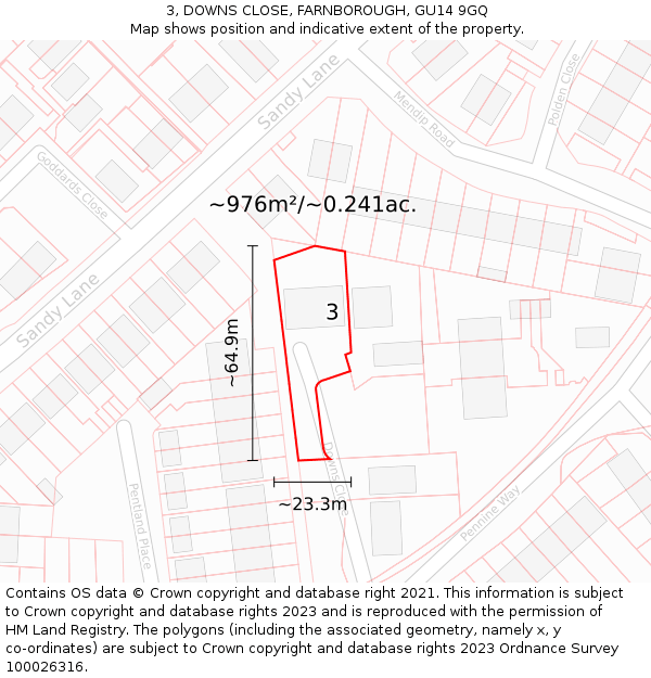 3, DOWNS CLOSE, FARNBOROUGH, GU14 9GQ: Plot and title map