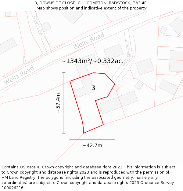 3, DOWNSIDE CLOSE, CHILCOMPTON, RADSTOCK, BA3 4EL: Plot and title map