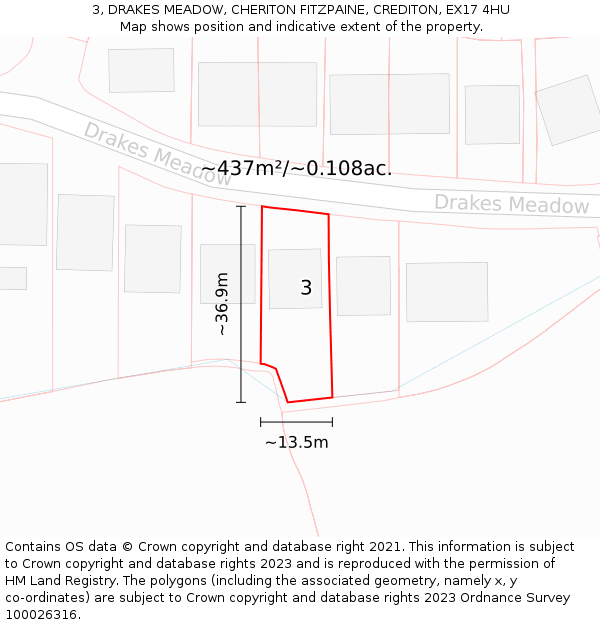 3, DRAKES MEADOW, CHERITON FITZPAINE, CREDITON, EX17 4HU: Plot and title map