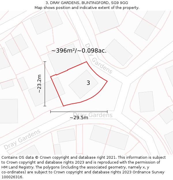 3, DRAY GARDENS, BUNTINGFORD, SG9 9GG: Plot and title map
