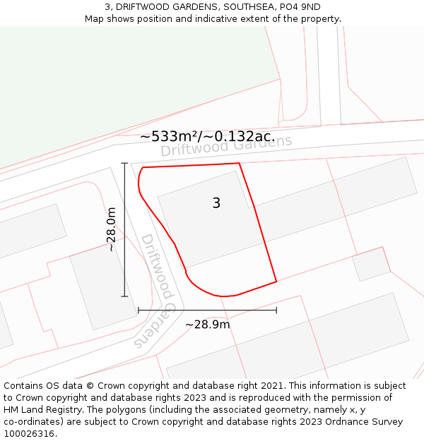 3, DRIFTWOOD GARDENS, SOUTHSEA, PO4 9ND: Plot and title map