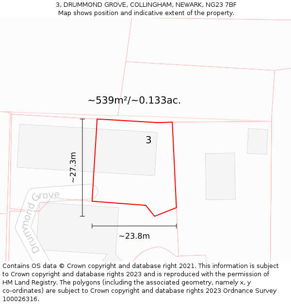 3, DRUMMOND GROVE, COLLINGHAM, NEWARK, NG23 7BF: Plot and title map