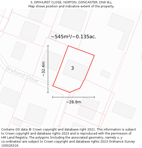 3, DRYHURST CLOSE, NORTON, DONCASTER, DN6 9LL: Plot and title map