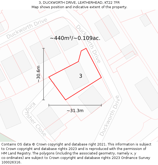 3, DUCKWORTH DRIVE, LEATHERHEAD, KT22 7FR: Plot and title map