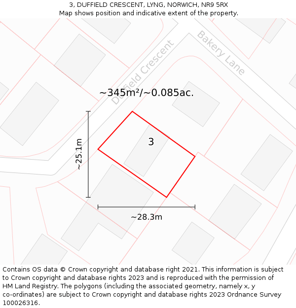 3, DUFFIELD CRESCENT, LYNG, NORWICH, NR9 5RX: Plot and title map