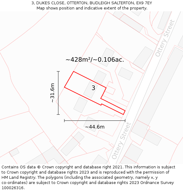 3, DUKES CLOSE, OTTERTON, BUDLEIGH SALTERTON, EX9 7EY: Plot and title map