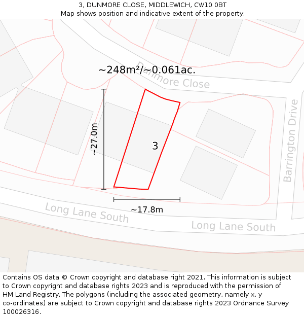 3, DUNMORE CLOSE, MIDDLEWICH, CW10 0BT: Plot and title map