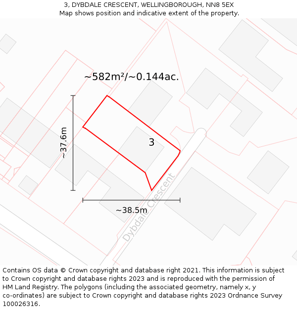 3, DYBDALE CRESCENT, WELLINGBOROUGH, NN8 5EX: Plot and title map