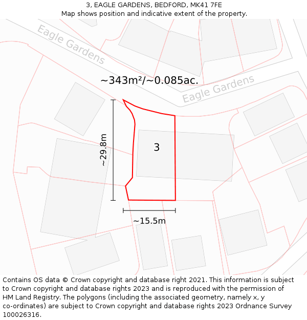 3, EAGLE GARDENS, BEDFORD, MK41 7FE: Plot and title map