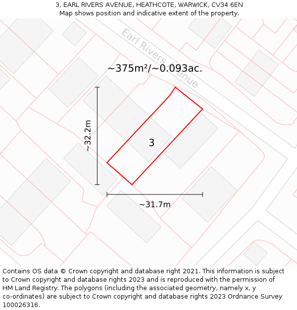 3, EARL RIVERS AVENUE, HEATHCOTE, WARWICK, CV34 6EN: Plot and title map