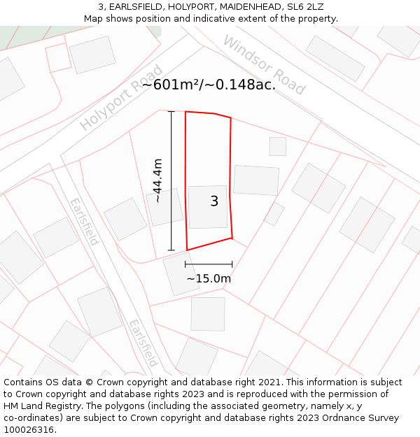 3, EARLSFIELD, HOLYPORT, MAIDENHEAD, SL6 2LZ: Plot and title map