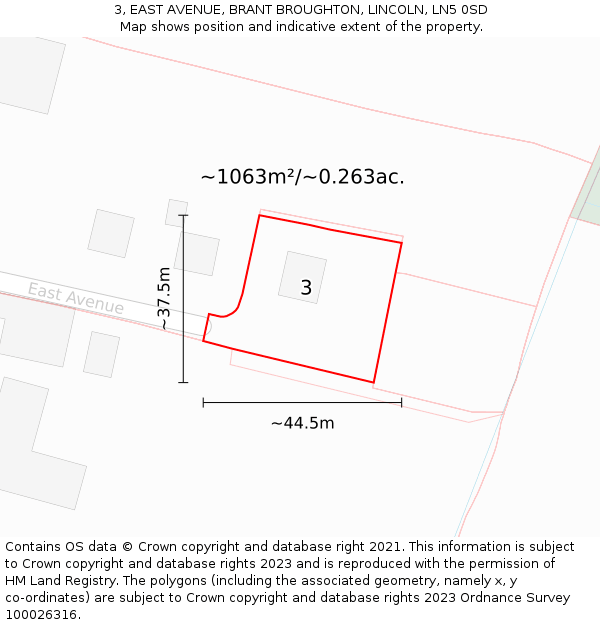 3, EAST AVENUE, BRANT BROUGHTON, LINCOLN, LN5 0SD: Plot and title map