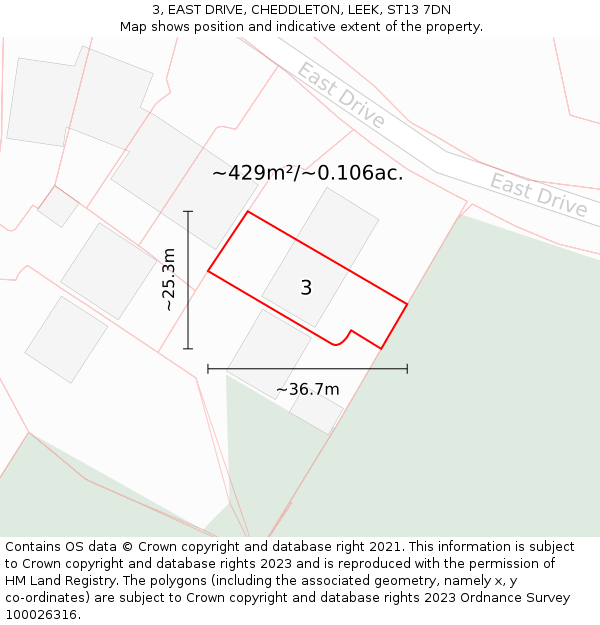 3, EAST DRIVE, CHEDDLETON, LEEK, ST13 7DN: Plot and title map