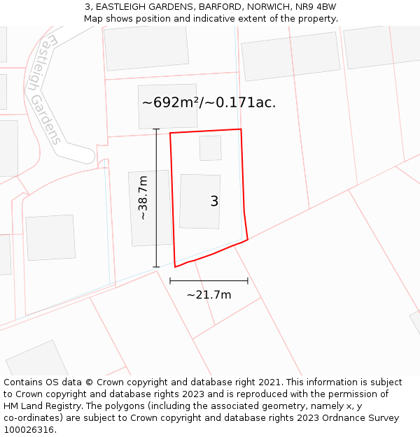 3, EASTLEIGH GARDENS, BARFORD, NORWICH, NR9 4BW: Plot and title map