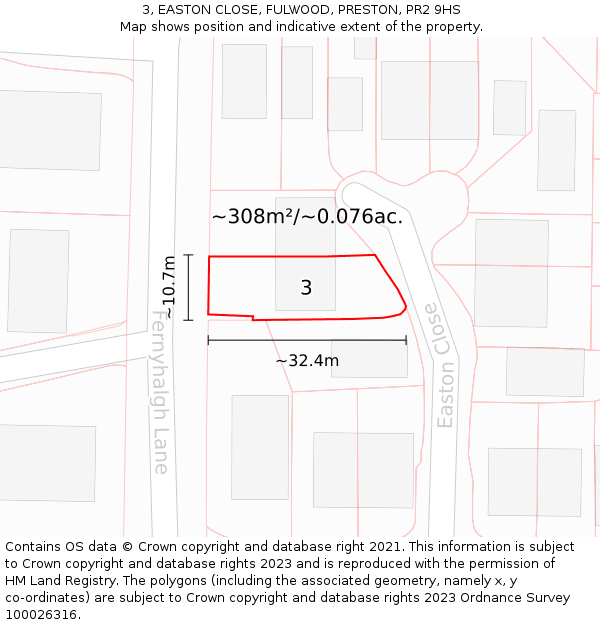3, EASTON CLOSE, FULWOOD, PRESTON, PR2 9HS: Plot and title map