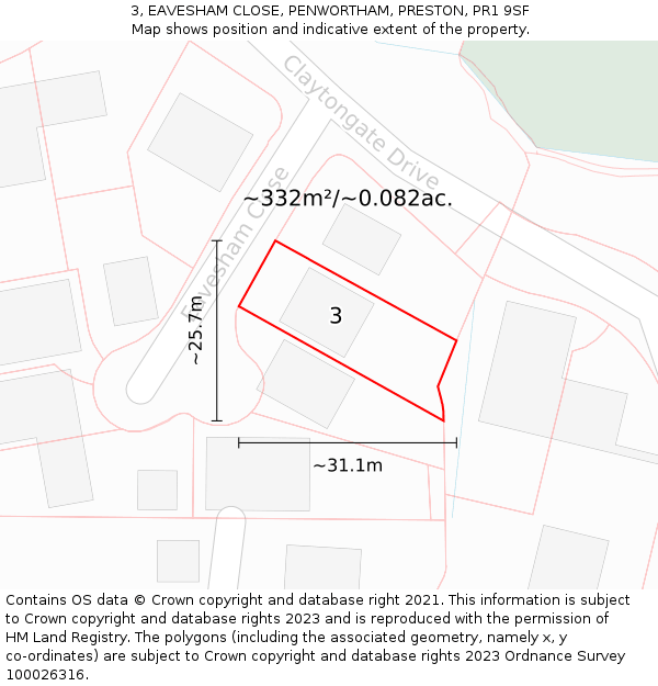 3, EAVESHAM CLOSE, PENWORTHAM, PRESTON, PR1 9SF: Plot and title map