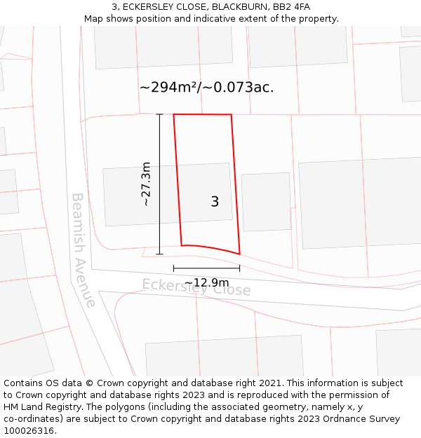 3, ECKERSLEY CLOSE, BLACKBURN, BB2 4FA: Plot and title map