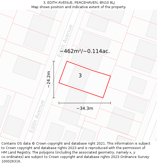 3, EDITH AVENUE, PEACEHAVEN, BN10 8LJ: Plot and title map