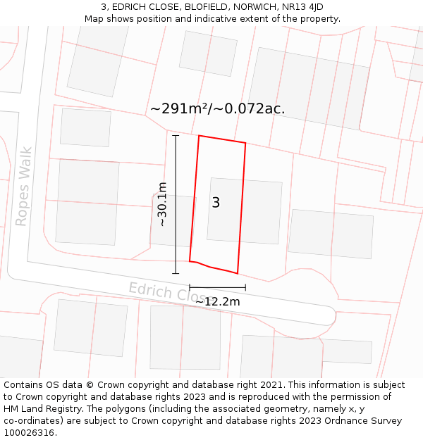 3, EDRICH CLOSE, BLOFIELD, NORWICH, NR13 4JD: Plot and title map
