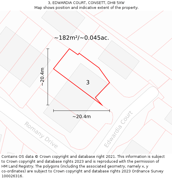 3, EDWARDIA COURT, CONSETT, DH8 5XW: Plot and title map