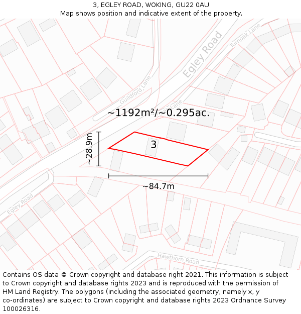 3, EGLEY ROAD, WOKING, GU22 0AU: Plot and title map